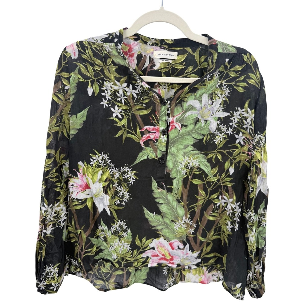Isabel Marant Etoile Black Tropical Floral Cotton Voile Henley Blouse Size 40